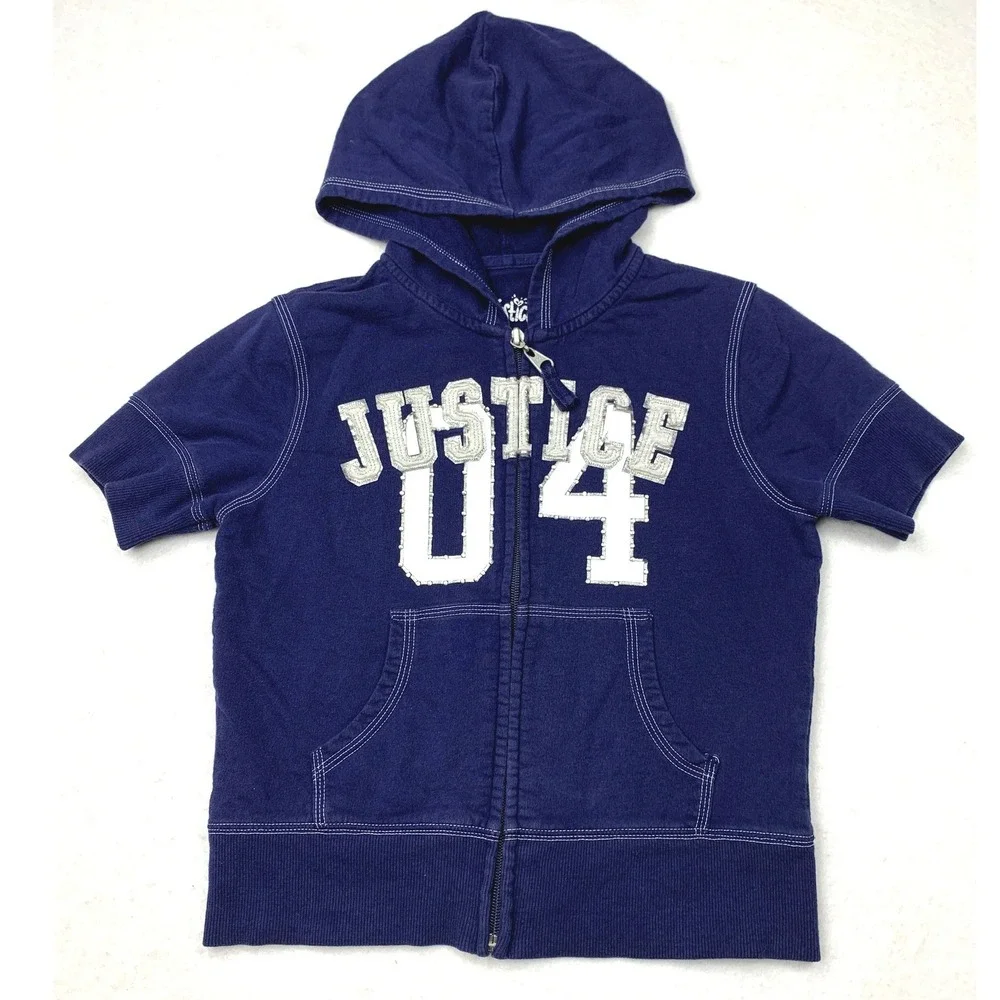 Justice Girls Navy Blue Short Sleeve Full Zip Hoodie Rhinestone Graphic Size‎ 10